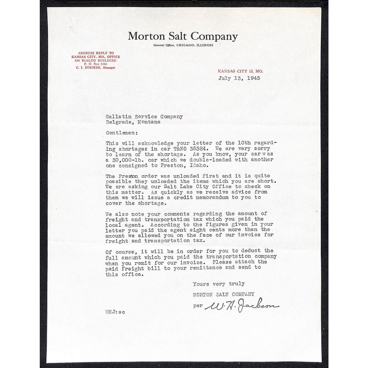 Belgrade, MT Gallatin Service 1945 Morton Salt Co. Letterhead re: Car Shortages