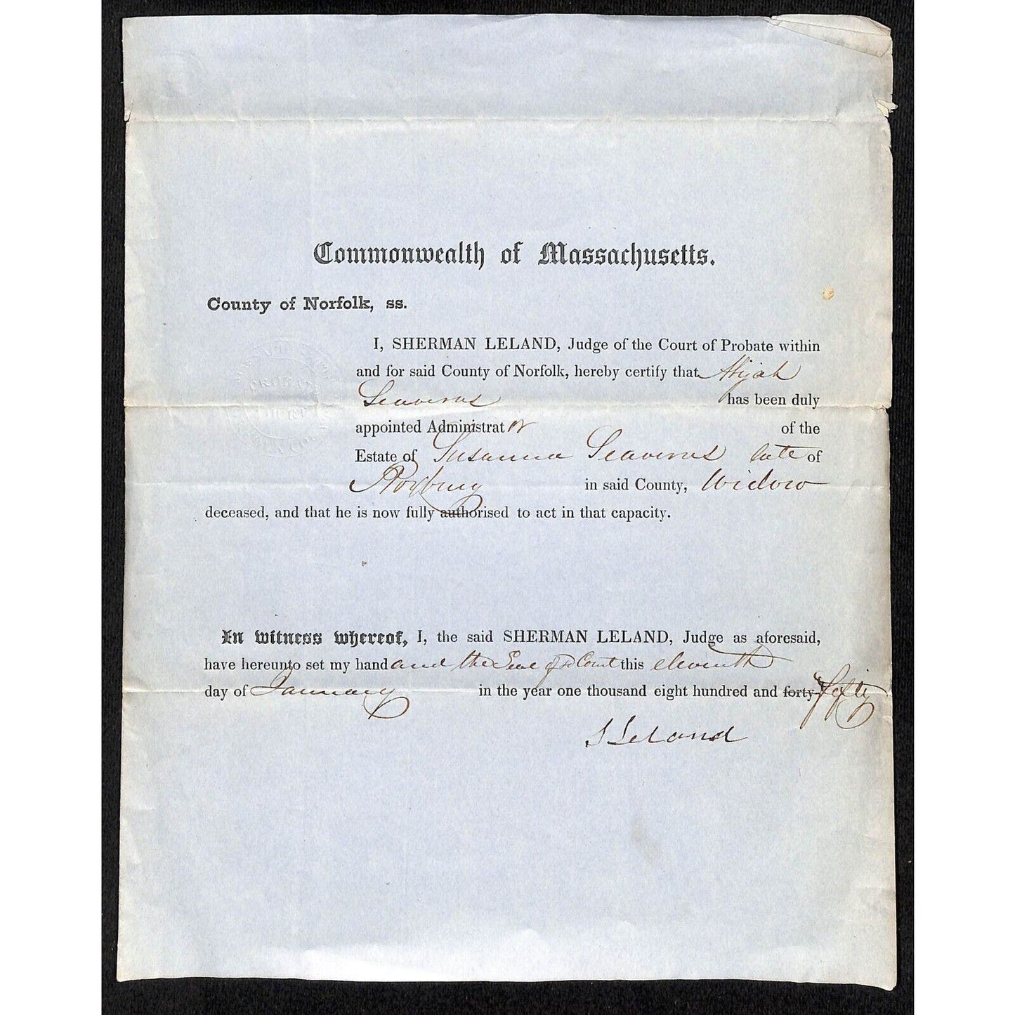 1850 Massachusetts Legal Document Herman Leland Probate Judge Appointment