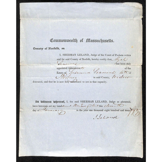 1850 Massachusetts Legal Document Herman Leland Probate Judge Appointment