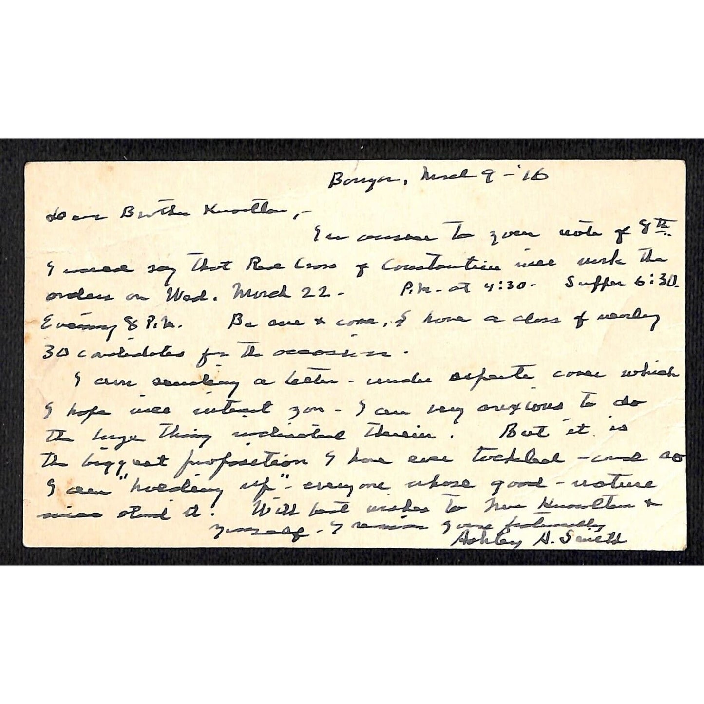 Bangor / Hampden Highlands, ME 1916 Post Card re: Red Cross of Constantine