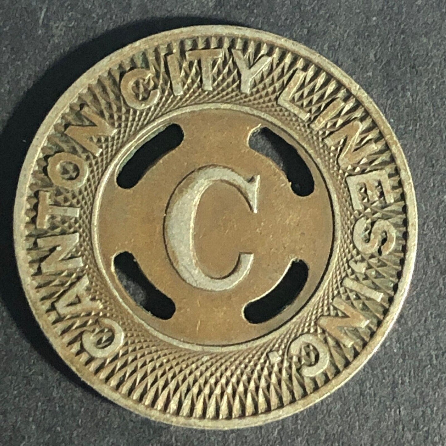 Canton City Lines Inc. "C" G/F One Fare Brass Transit Token -- 22.7mm