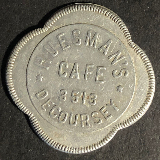 Huesman's Cafe (Covington, KY) G/F 5c Trade Scalloped Alum. Token 26.8mm Scarce