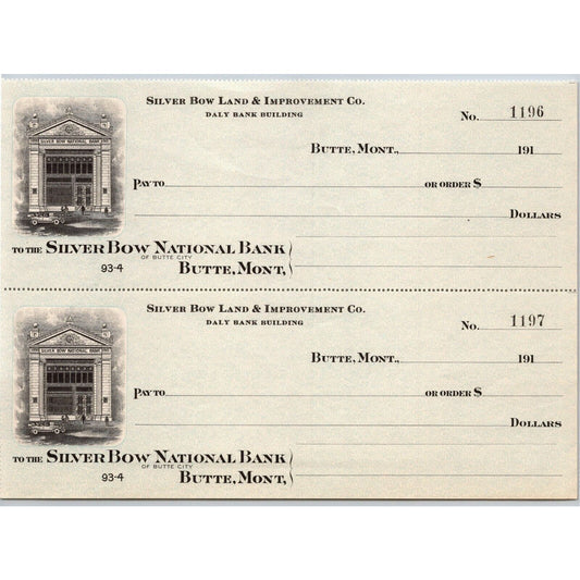 Butte, MT - Silver Bow Land & Improvement Co. National Bank Check Sheet 1910