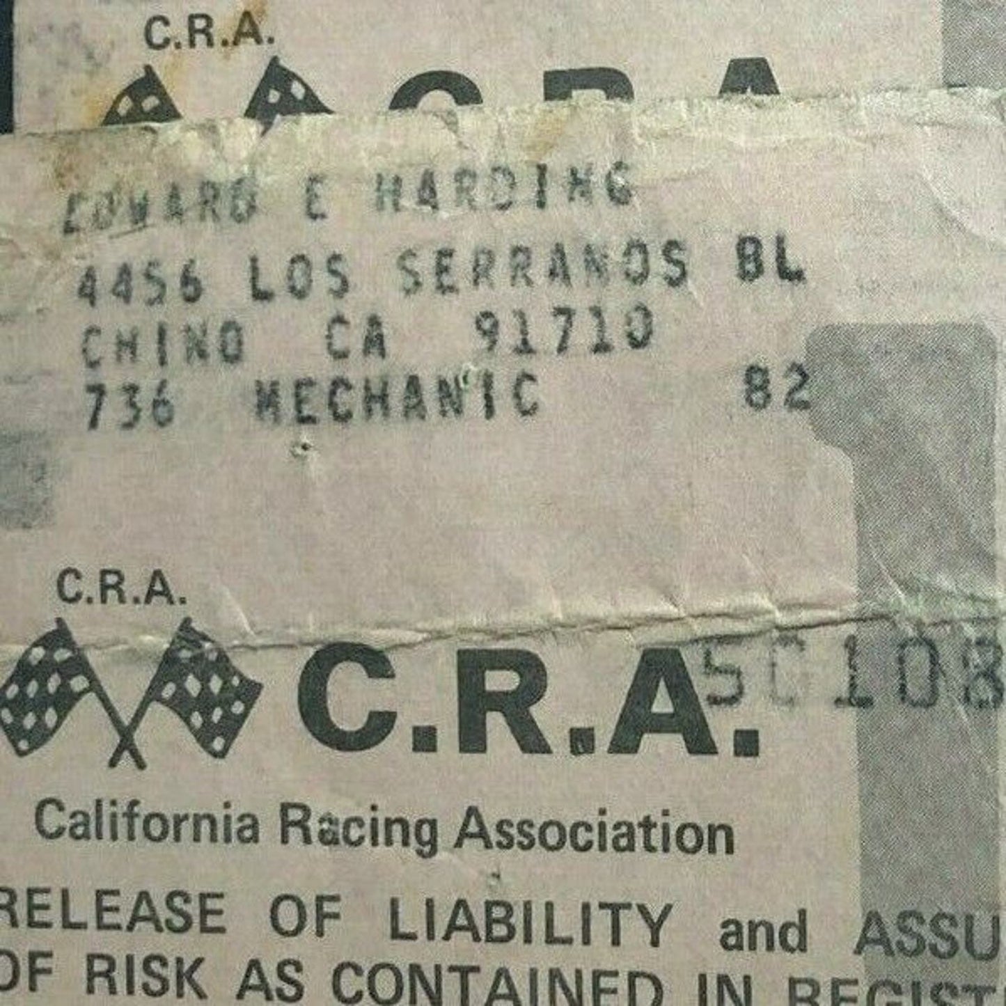 2 CRA California Racing Assoc. Ascot Liability Releases c1982? Jeff Sharpe
