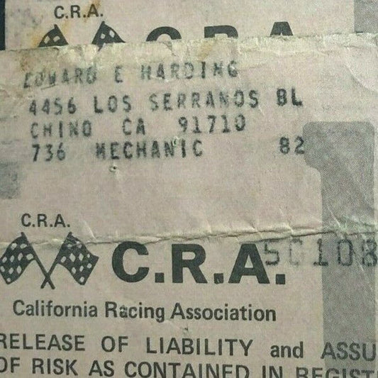 2 CRA California Racing Assoc. Ascot Liability Releases c1982? Jeff Sharpe