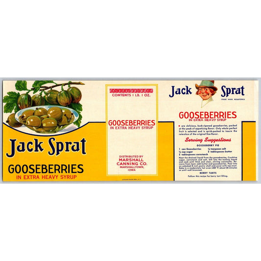 Jack Sprat Gooseberries Paper Can Label Marshalltown Iowa c1930's-40's VGC