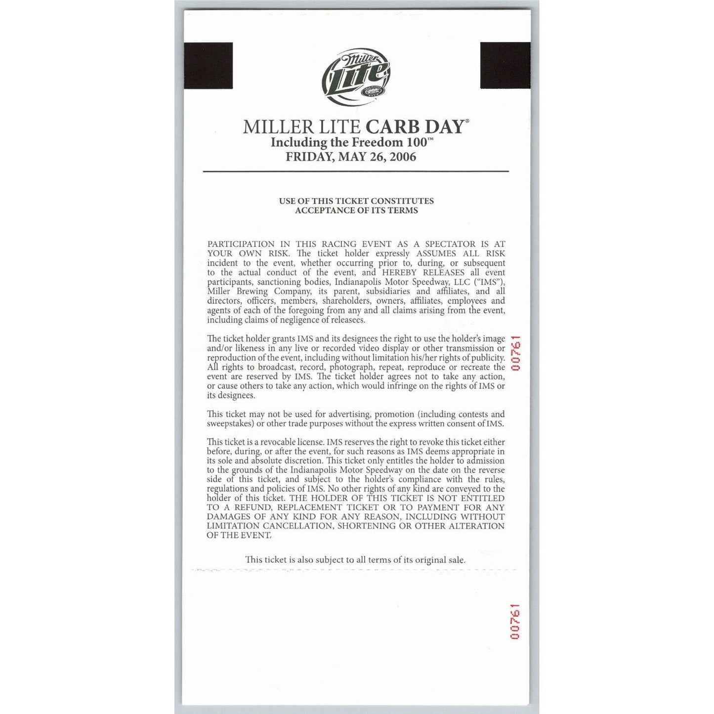 2006 Indy 500 Miller Lite Carb Day Freedom 100 5/26 Unused Comp Ticket