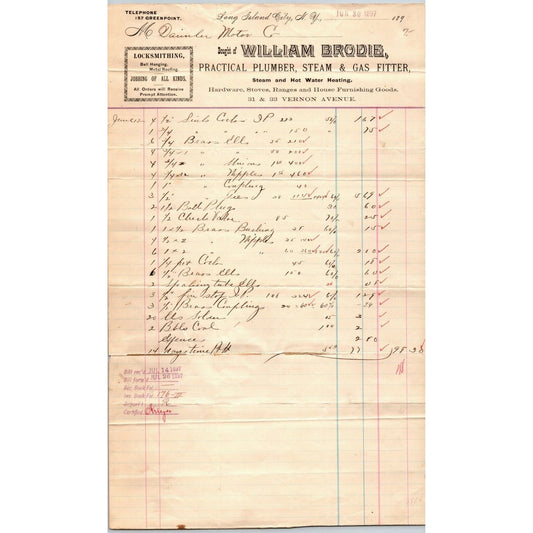 William Brodie 1897 Letterhead Long Island City, LI Plumber Steam & Gas Fitter