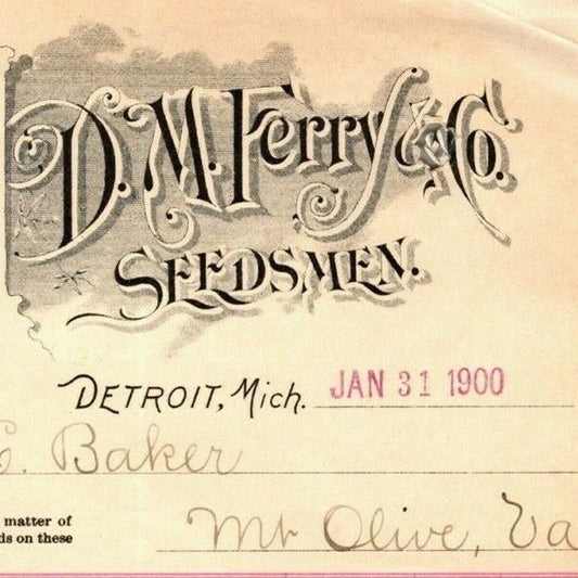1900 Letterhead Billhead D.M. Ferry Seeds Seedsmen Detroit - Ephraim Baker*
