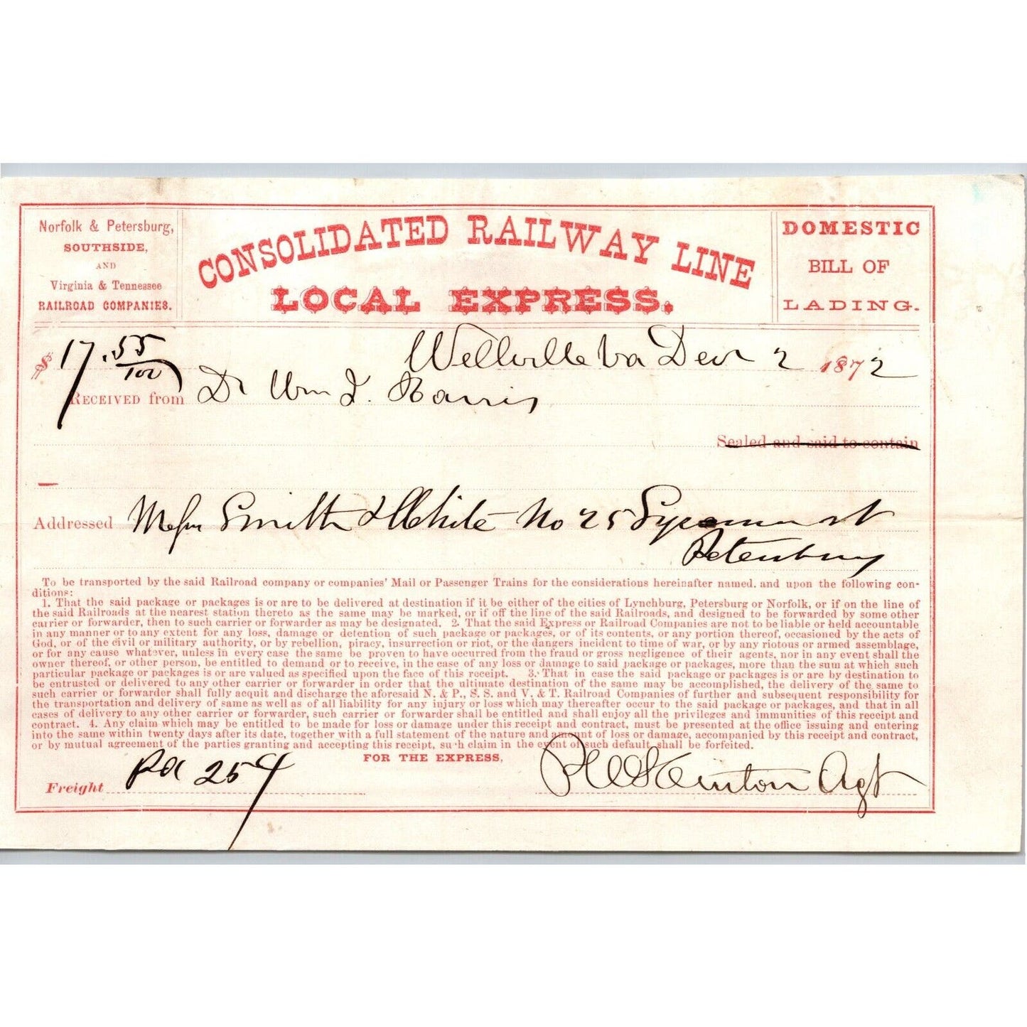 Norfolk & Petersburg Consolidated Railway Line Local Express 1872 Bill of Lading