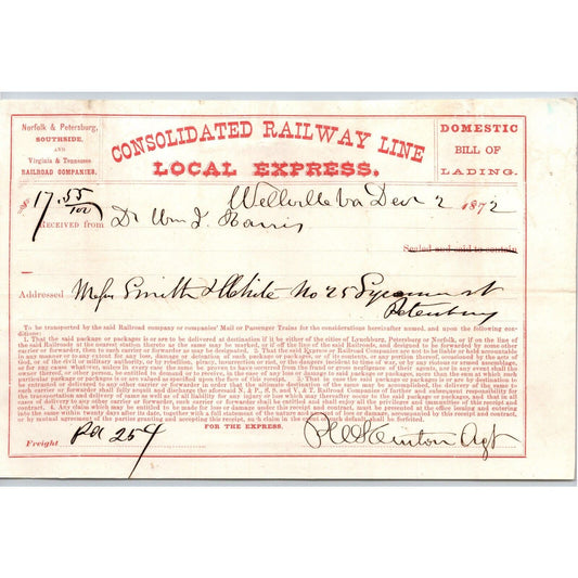 Norfolk & Petersburg Consolidated Railway Line Local Express 1872 Bill of Lading