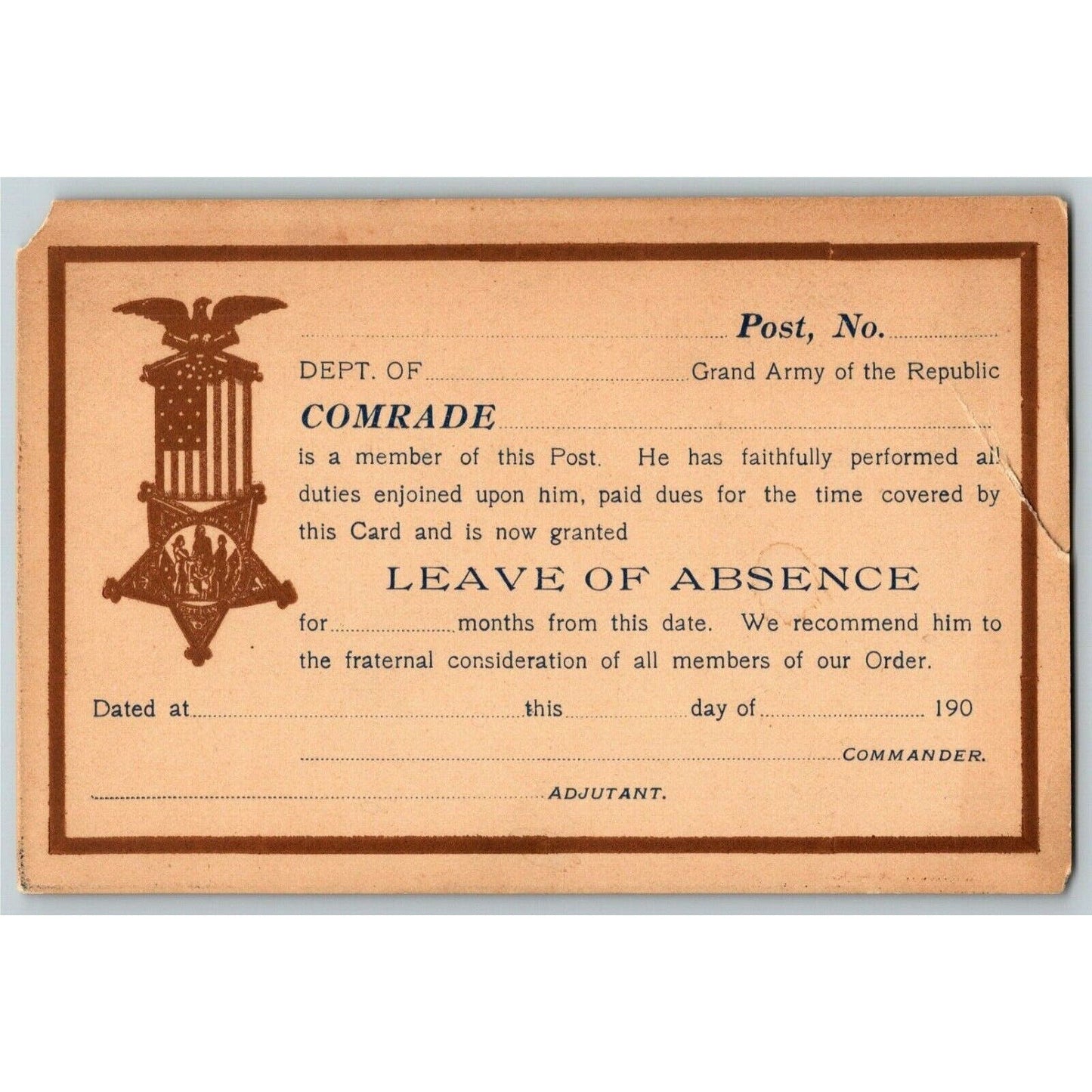 c1900 - 1909 Grand Army of the Republic (Civil War Vets) "Leave of Absence" Card