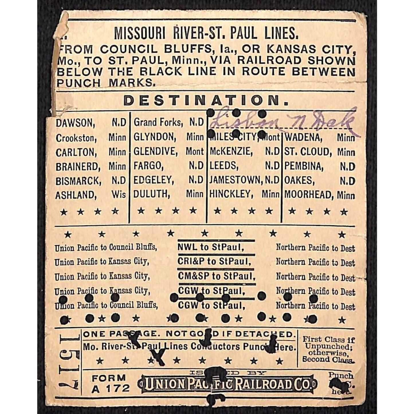 1913 Union Pacific Railroad Ticket Missouri River St. Paul Lines #1517