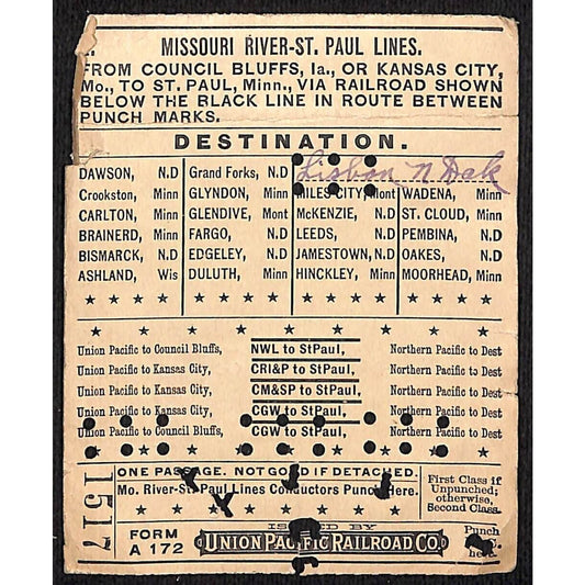 1913 Union Pacific Railroad Ticket Missouri River St. Paul Lines #1517