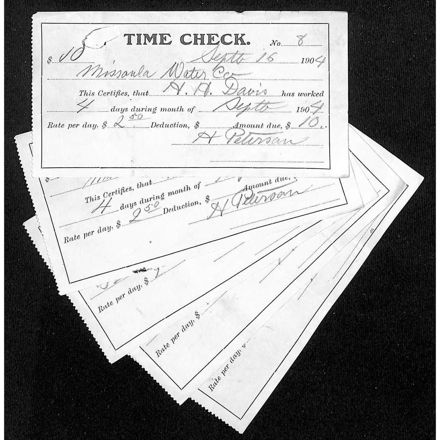 Missoula Water Co. Montana Time Check (Group of 5) 1904 Receipt / Billhead
