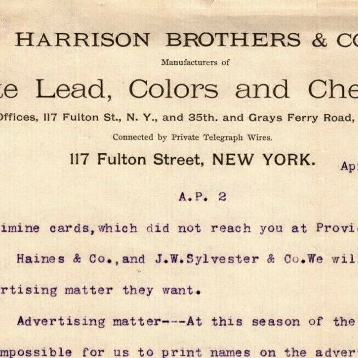 1886 Harrison Brothers & Co. White Lead Billhead Letterhead Fulton St NYC
