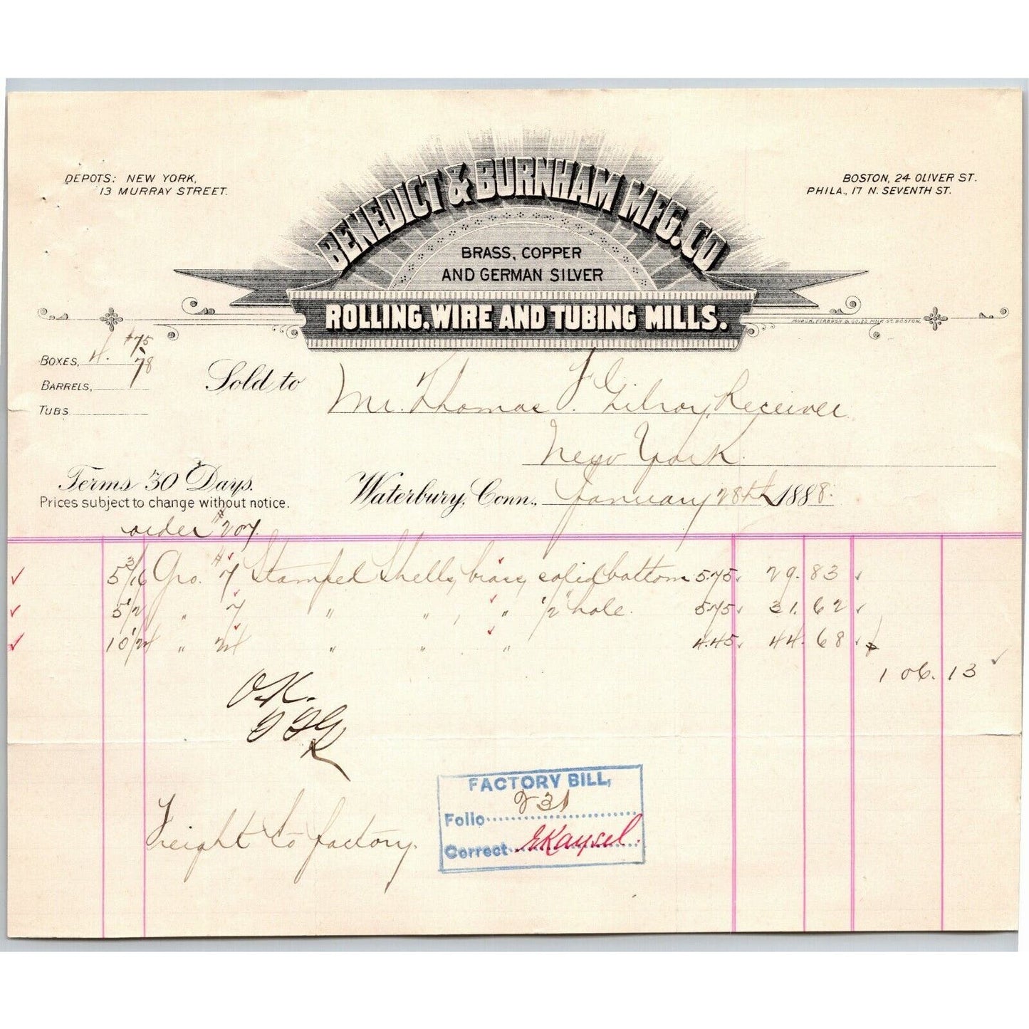1888 "Benedict & Burnham Mfg. Co" German Silver Billhead Letterhead Waterbury CT