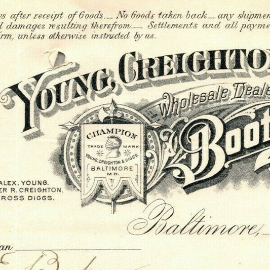 1896 Letterhead Young, Creighton & Diggs Boots Shoes Baltimore - Ephraim Baker*