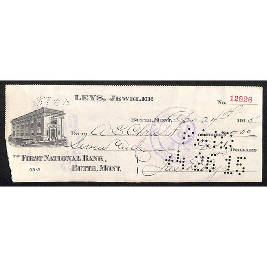 Butte Montana 1915 Leys Jeweler $7 Bank Check w/ Building Vignette