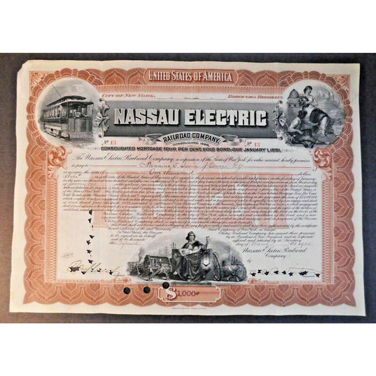 Large 1901 Stock Cert. Bond "Nassau Electric Railroad Co" Brooklyn, NY #13