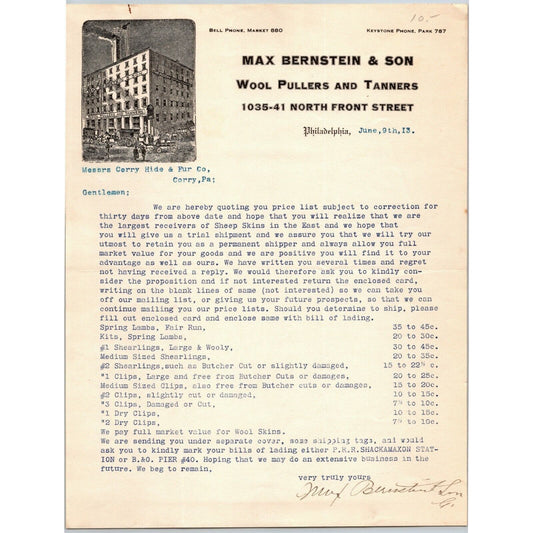 Max Bernstein & Son 1913 Philadelphia, PA Letterhead Wool Pullers and Tanners