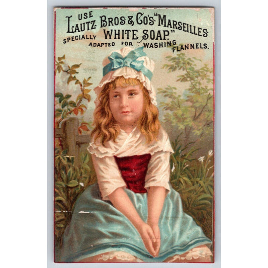 Lautz Bros. & Co. White Soap Victorian Trade Card - Girl in Dress Sits Outdoors