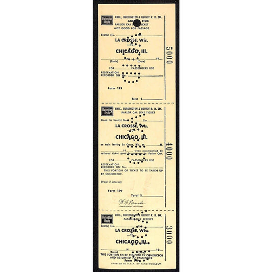 Burlington Route La Crosse, WI to Chicago Unused VOID SAMPLE Ticket 1966 Scarce
