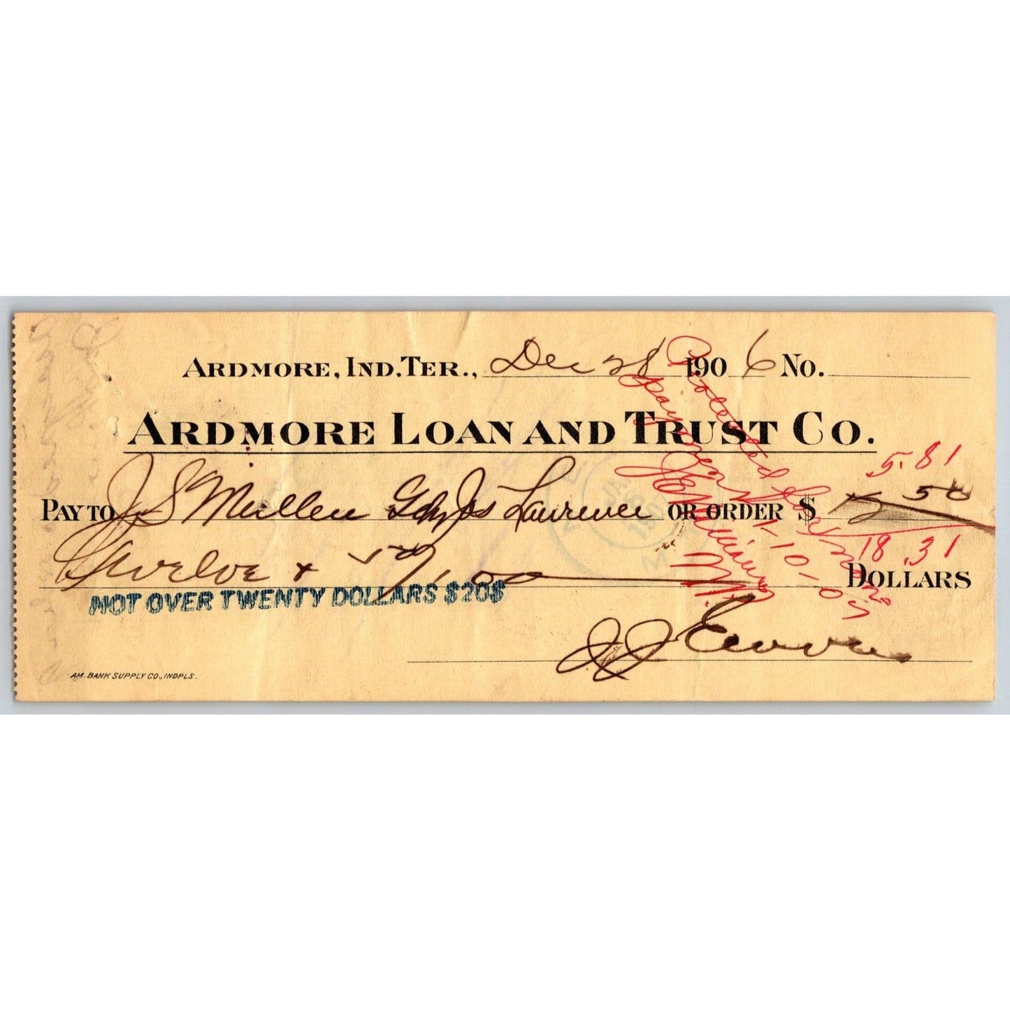 Ardmore, OK 1906 Indian Territory "Ardmore Loan and Trust" Check $12.50 - Scarce