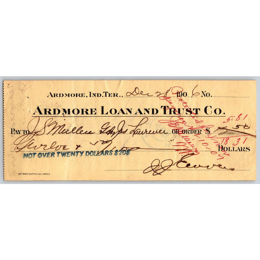 Ardmore, OK 1906 Indian Territory "Ardmore Loan and Trust" Check $12.50 - Scarce