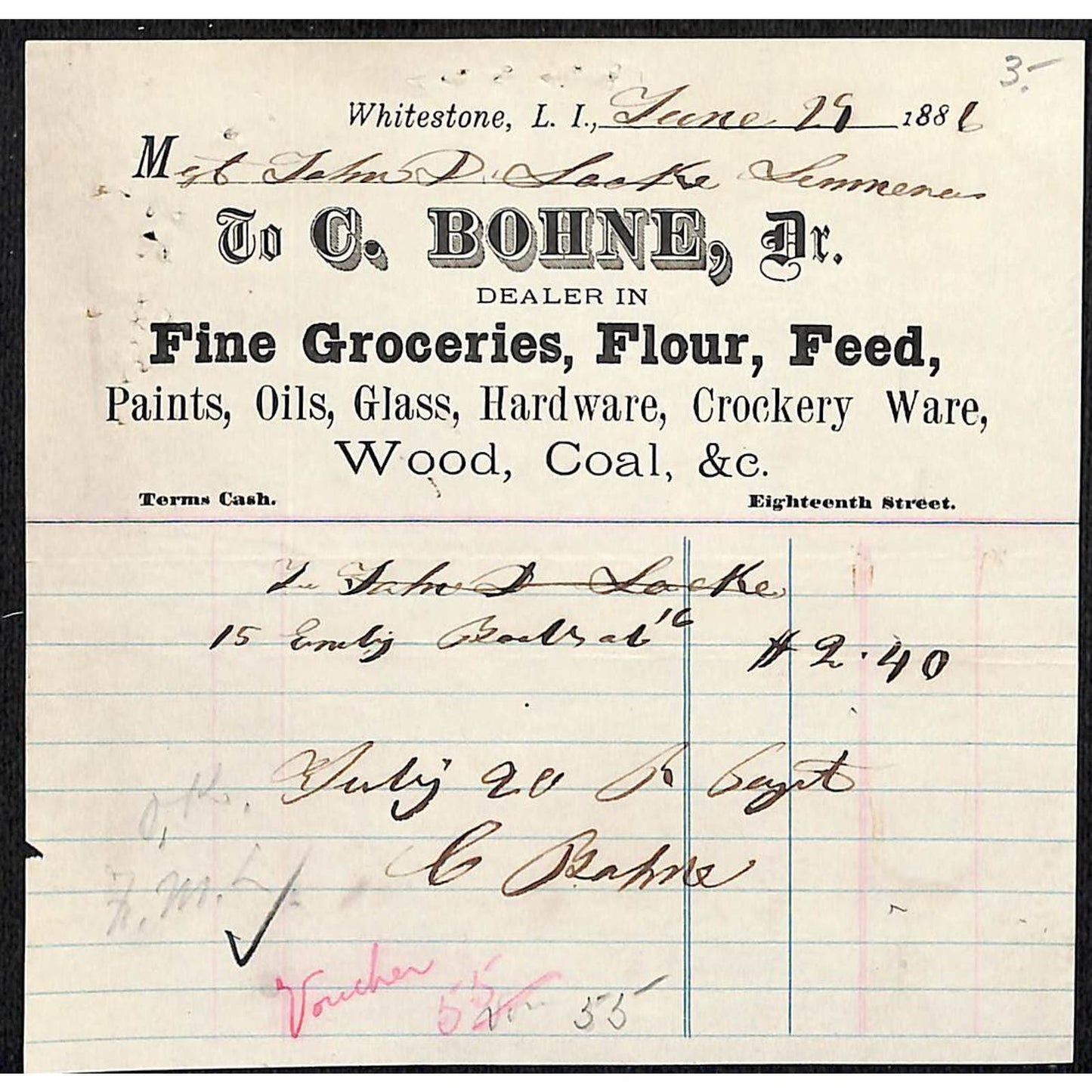 Whitestone, L.I, NY C. Bohne Fine Groceries Flour Feed Hardware -- 1886 Billhead