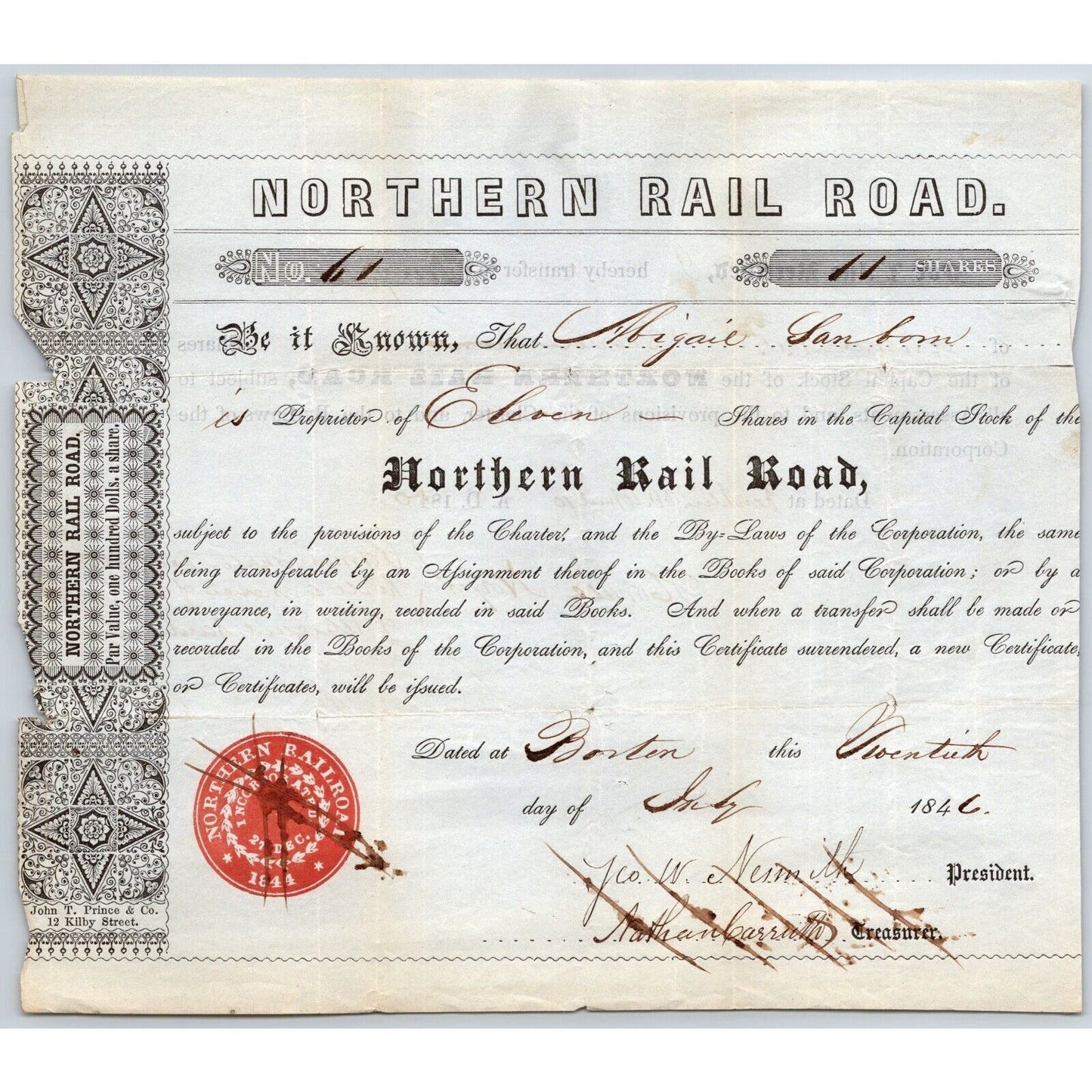 1846 Boston, MA Northern Railroad Stock Certificate LOW No. 61 for 11 Shares
