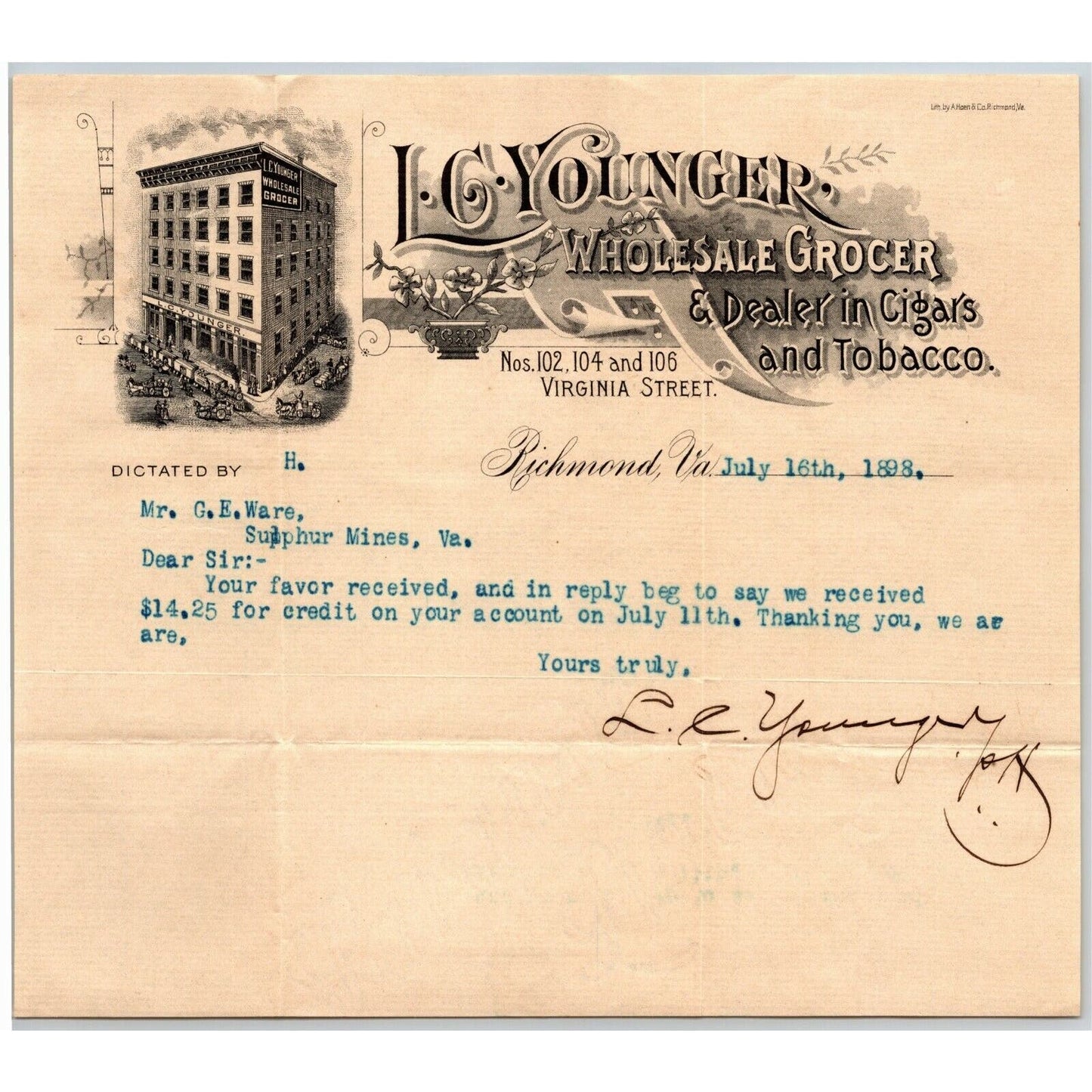 L.C. Younger Grocer Cigars Tobacco Richmond, VA Letterhead o Geo. E. Wear 1898