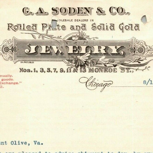 1896 Letterhead - G.A. Soden & Co. Jewelers Solid Gold Chicago - Ephraim Baker*