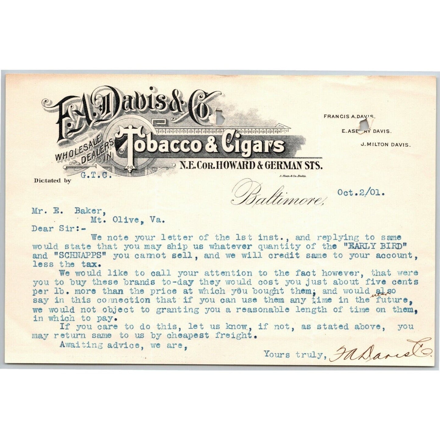 1901 Letterhead F.A. Davis & Co. Tobacco & Cigars Baltimore - Ephraim Baker*