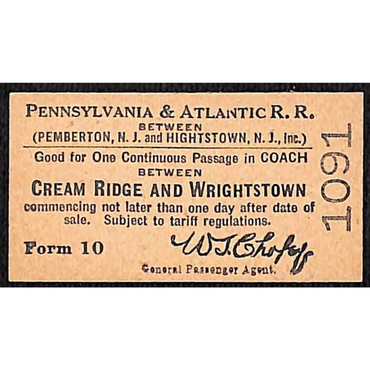 Pennsylvania & Atlantic Railroad Ticket Cream Ridge to Wrightstown - c1915