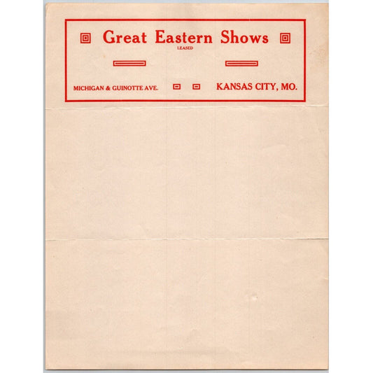 Great Eastern Shows Circus Letterhead c1914 Kansas City, MO Scarce