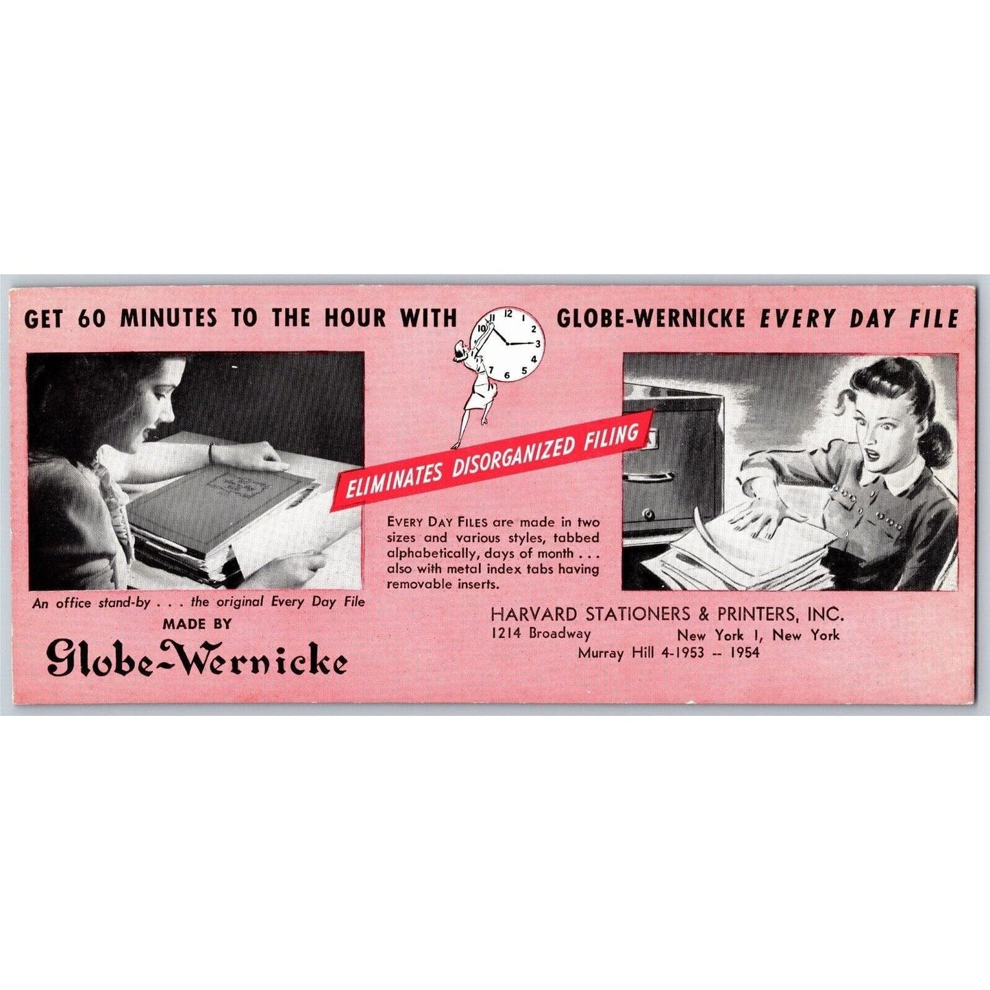 Broadway NYC Ink Blotter Globe-Wernicke / Harvard Stationers c1950's Woman Clock