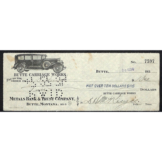 Butte Carriage Works Montana 1934 Bank Check w/Automobile Art