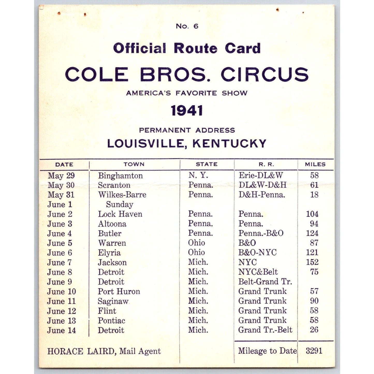 1941 Cole Bros Circus Route Card Indiana Ohio New York Pennsylvania Michigan