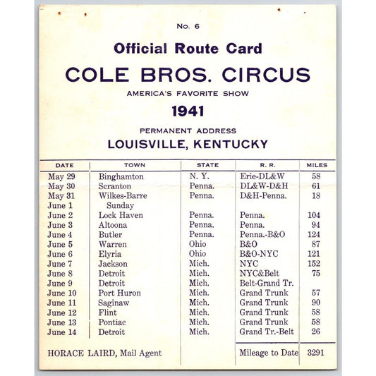 1941 Cole Bros Circus Route Card Indiana Ohio New York Pennsylvania Michigan