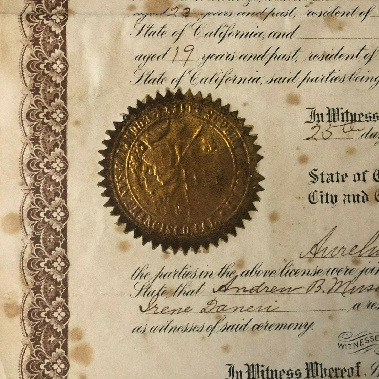 1909 Large San Francisco Marriage License 13 1/2" x 15"