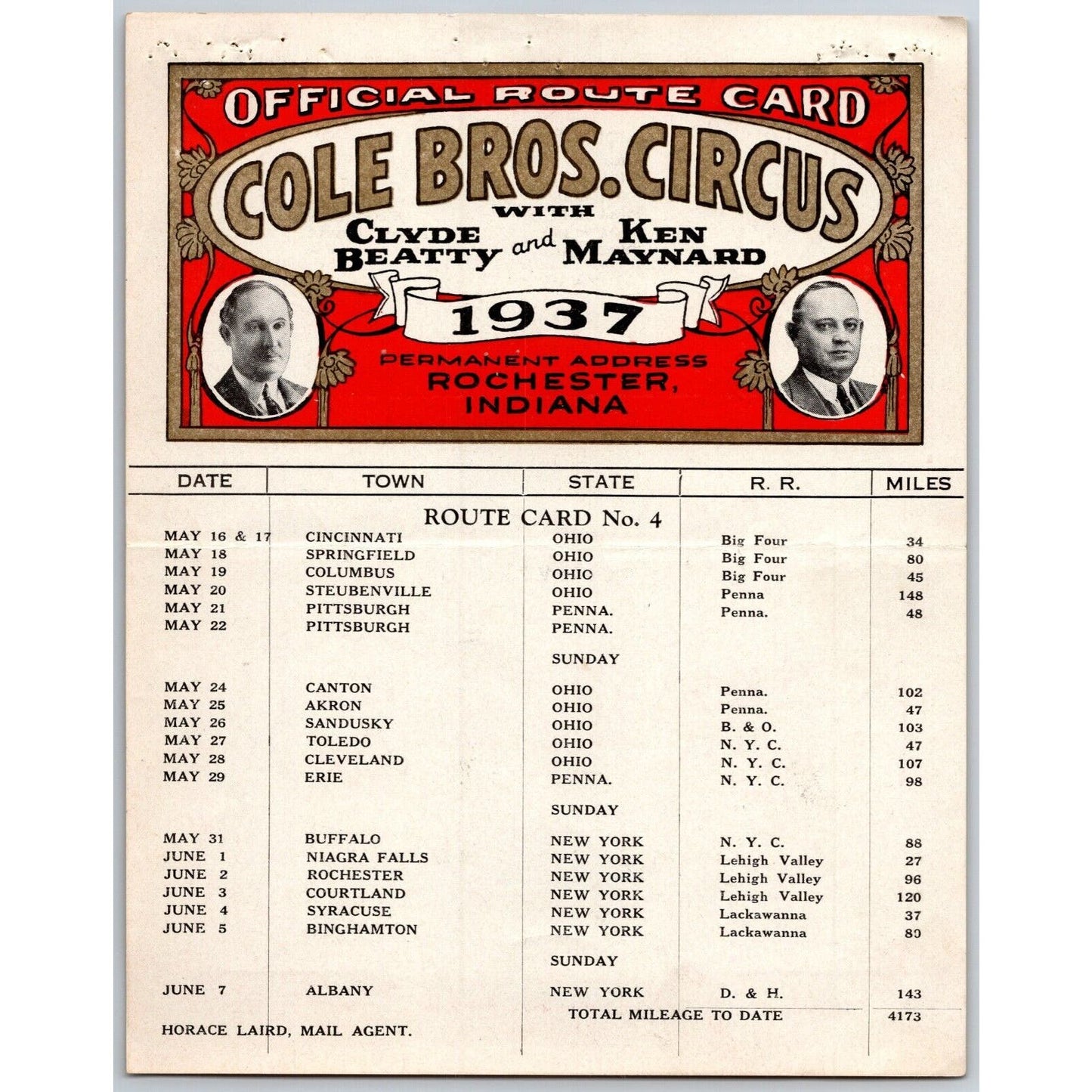1937 Cole Bros with Clyde Beatty Ken Maynard Circus Route Card - OH PA NY