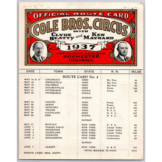 1937 Cole Bros with Clyde Beatty Ken Maynard Circus Route Card - OH PA NY