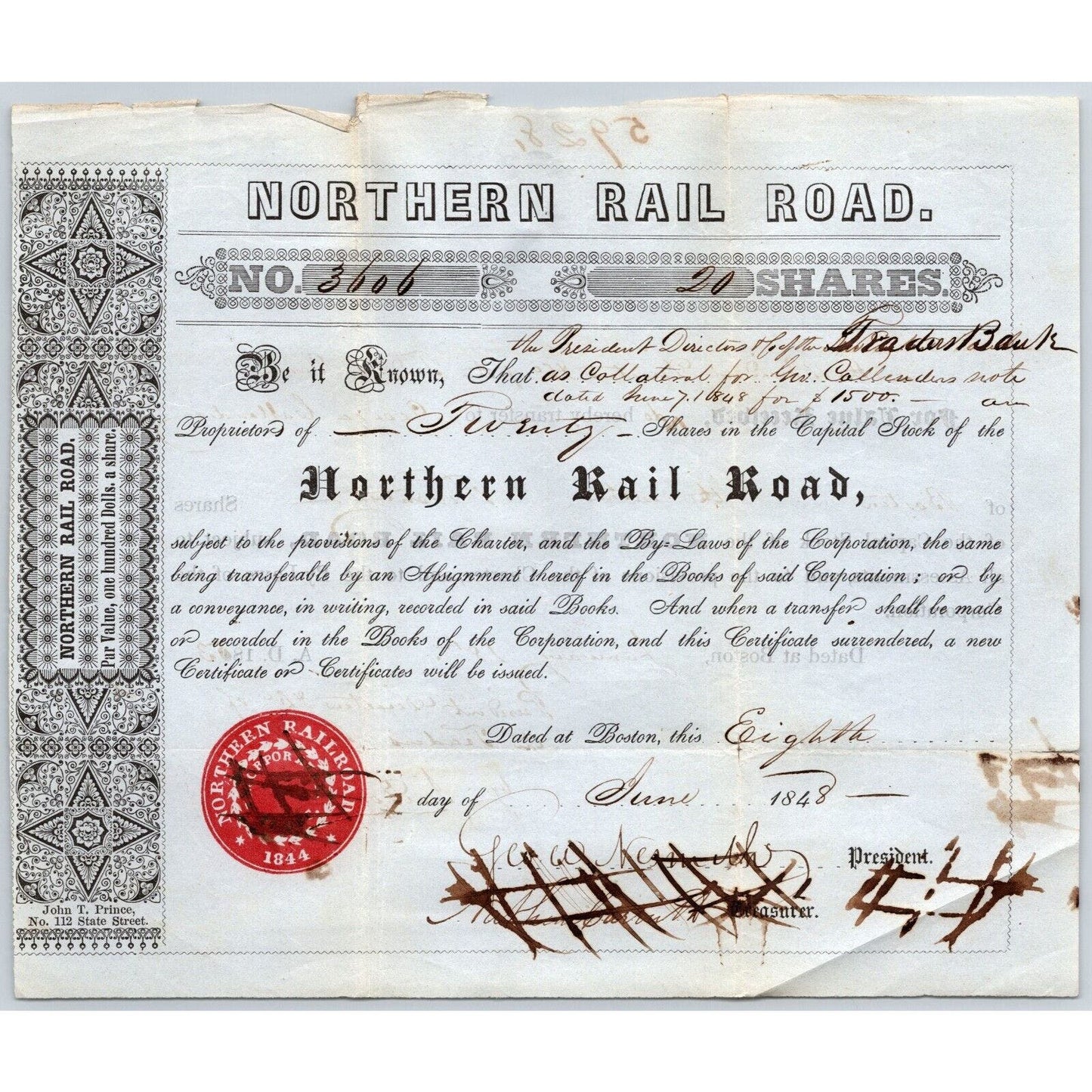 1848 Boston, MA Northern Railroad Stock Certificate No. 3606 for 20 Shares