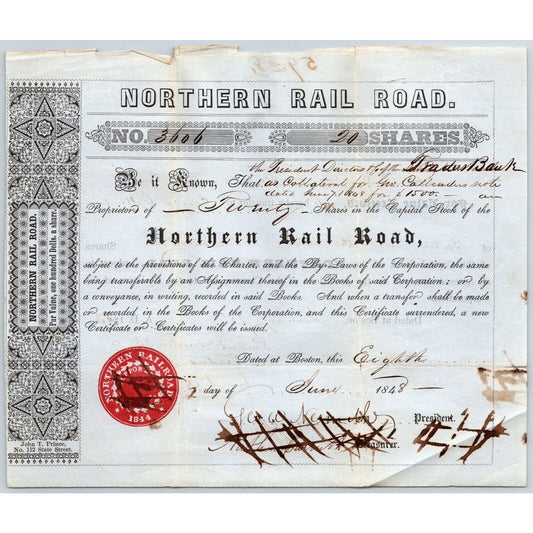 1848 Boston, MA Northern Railroad Stock Certificate No. 3606 for 20 Shares