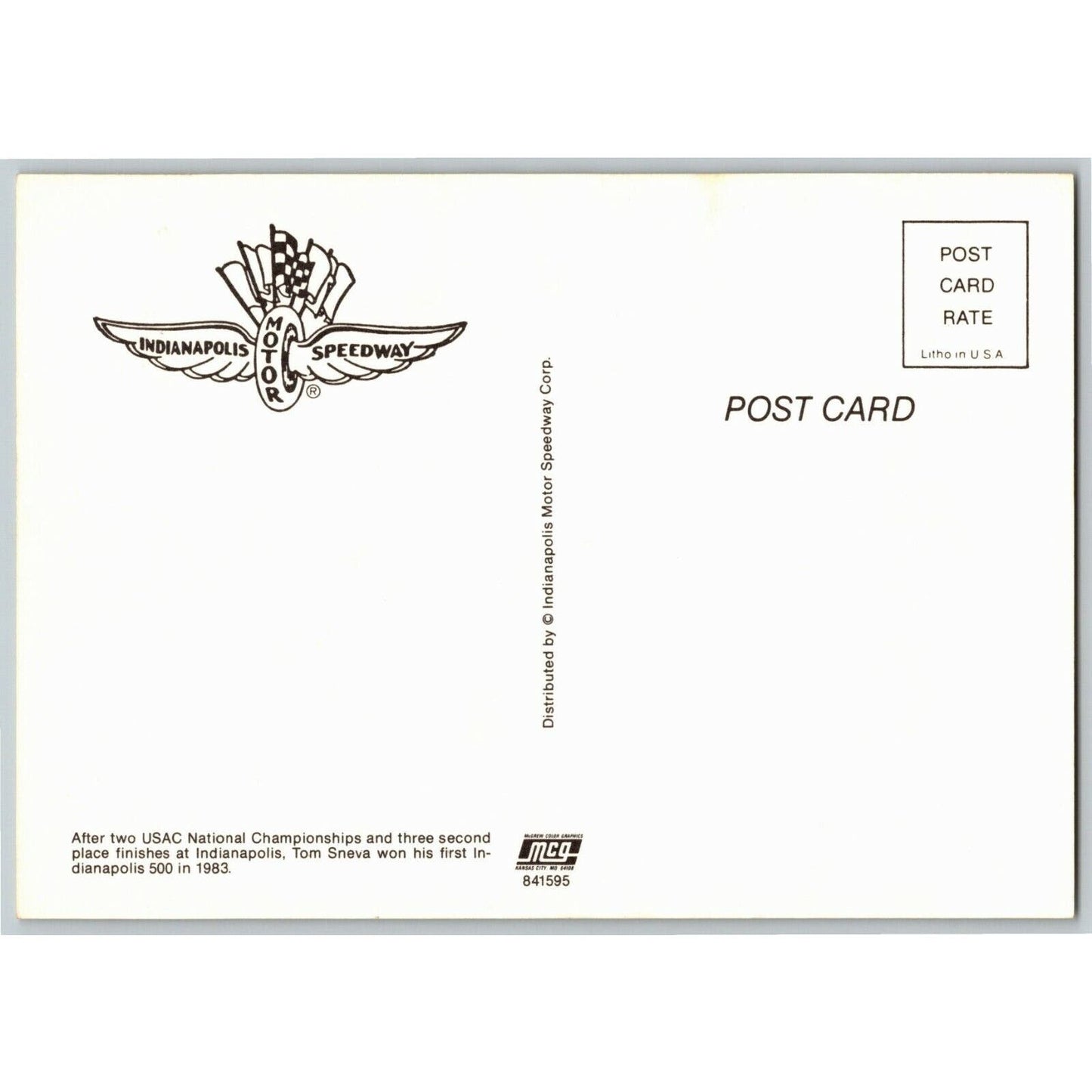 c1983 Indy 500 - Tom Sneva - Motor Speedway NOS 4" x 5 3/4" Postcard
