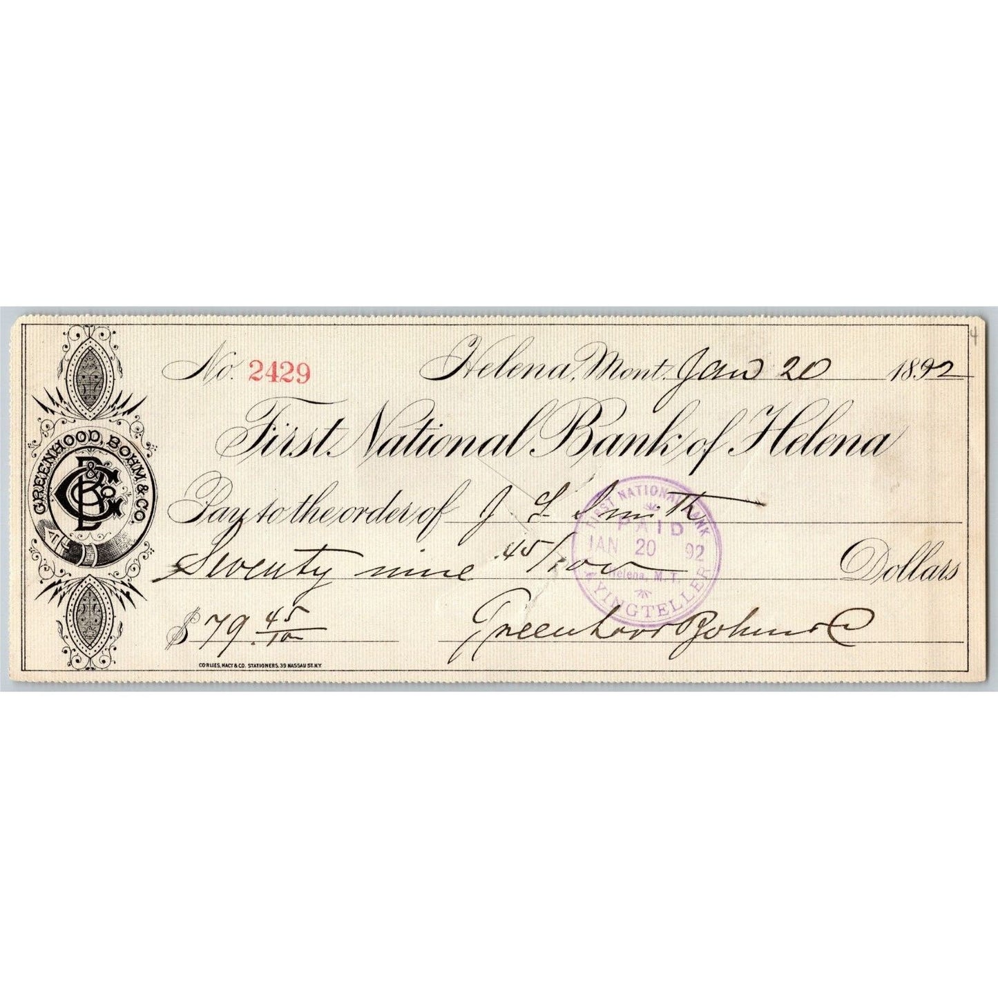 Helena Montana Greenhood & Bohn & Co. First National Bank Check 1892 w/ Monogram