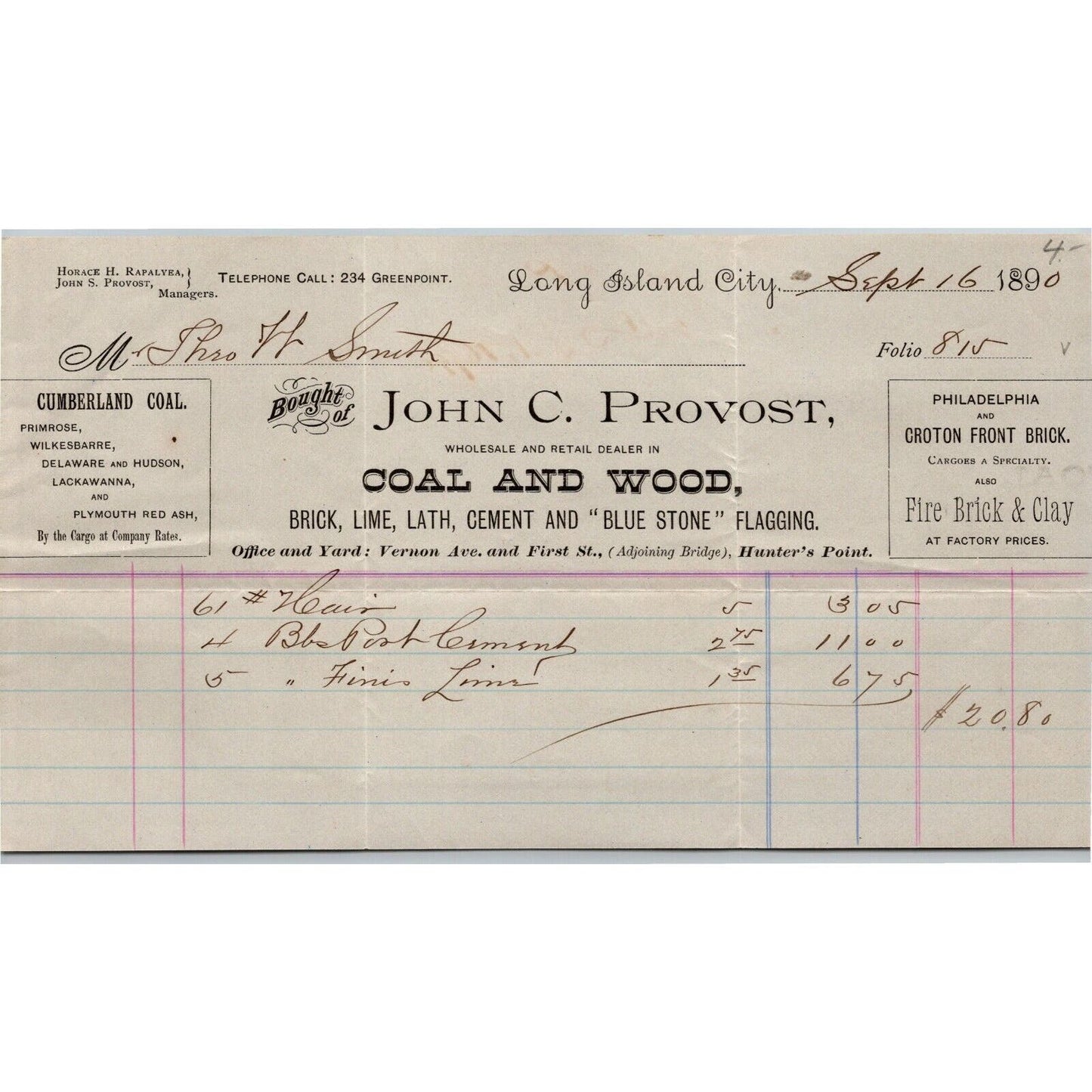 LIC, NY c1890 Letterhead John C. Provost Coal and Wood Blue Stone Brick Lime