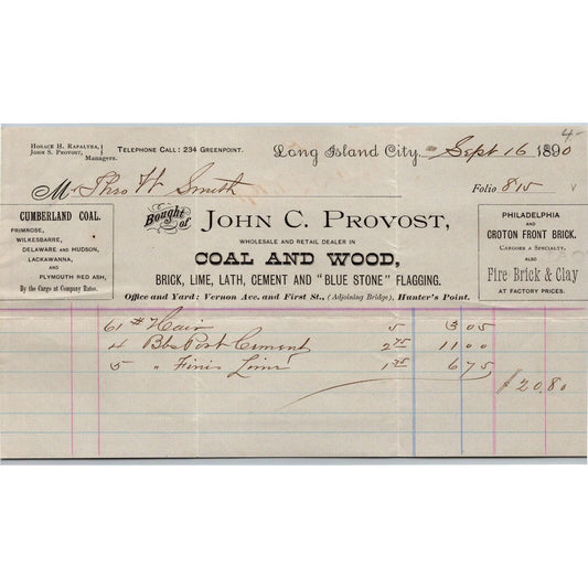LIC, NY c1890 Letterhead John C. Provost Coal and Wood Blue Stone Brick Lime