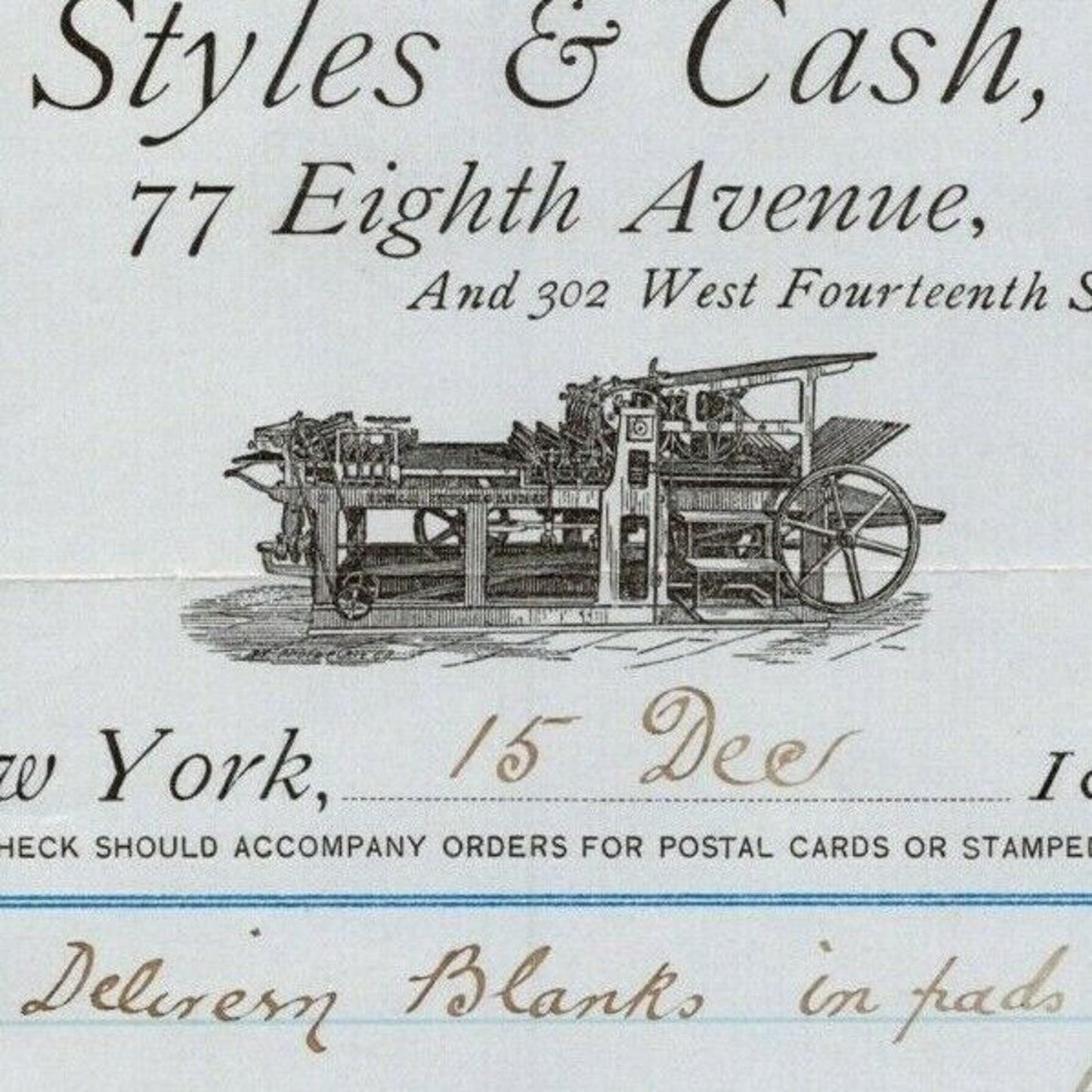 1887 Styles & Cash Book and Job Printers Billhead Letterhead 77 8th Ave NYC